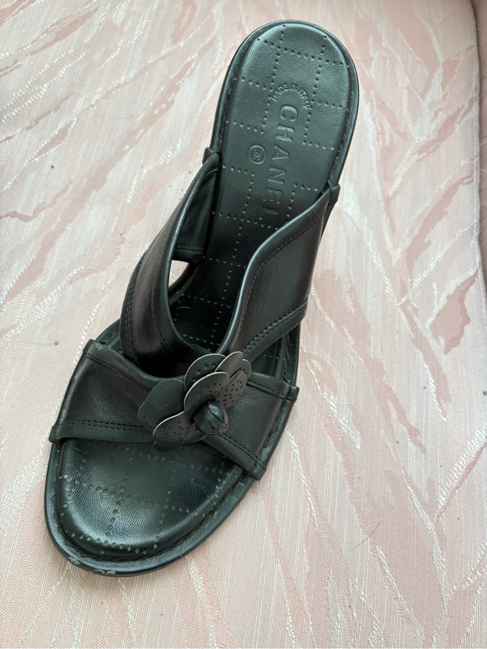CHANEL Black Leather Slide Mules with Camellia Detail - Picture 3 of 5
